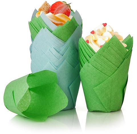 Spesh 100 Stücke Papier Muffinförmchen in Tulpenform Cupcake Formen Tulpe Einweg-Backbecher für Hochzeiten Geburtstag Osterfeier Familientreffen (Blau+Grün)