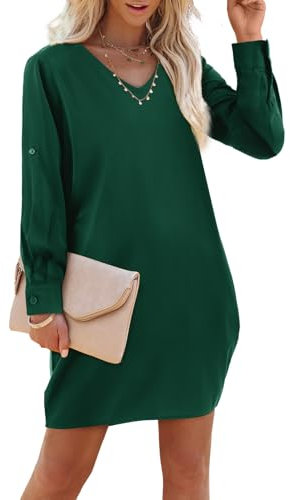 Amoretu Damenkleid mit V-Ausschnitt, kurz/langärmelig, lässig, locker, Minikleid mit Taschen, Z: Dunkelgrün, Groß