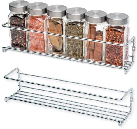 Gewürzregal Wand 2 Set Gewürzregal Hängend Ohne Bohren Küchen Gewürzregal Metall Spice Rack Wall No Drilling Küchenregal Hängend Gewürzständer Für Küchenschrank Duschablage Hängen Organiser (Silber)
