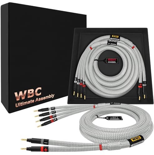 WORLDS BEST CABLES 2.5 Meter ULTIMATE - 7 AWG - Ultra-Pure OFC – Extra Premium Audiophile HiFi Bi-Wire Speaker Cable Pair with Eminence Gold Banana Plugs & Silver Tweed Jacket