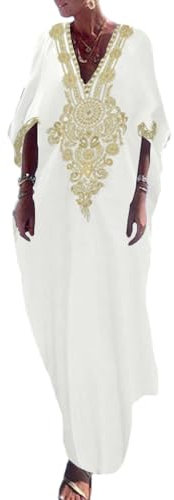 Bsubseach Bordado de Oro Largo Kaftan Vestidos Cuello en V Caftan Vestido de Playa Cover Ups para Mujer Blanco