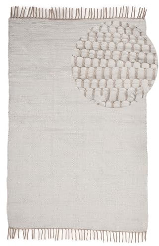 carpetfine Flickenteppich Kelim Chindi Uni Weiß 90x160 cm, handgewebt | Fleckerlteppich aus Baumwolle für Wohnzimmermit Fransen