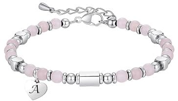 HAYOUWAY 4mm Rosenquarz Edelstein Armband Damen Mädchen mit Buchstaben Charm Heilsteine Armband, Geschenke für Frauen Mädchen Beste Freundin Geburtstag, Chakra Perlenarmband Damen Naturstein Armbänder