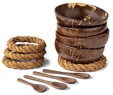PRATYAHARA Kokos Schalen mit LöFfeln & StäNdern - Set mit 4 Schalen aus Kokosnuss + LöFfeln und Wackelfreien Haltern für Salat