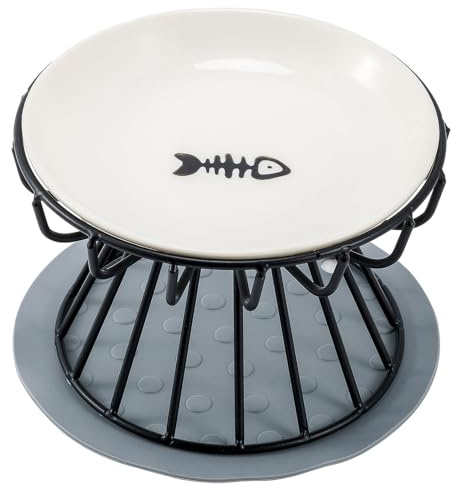Ceramic cat bowl with iron Stand, pet bowl with anti slip pad, cat food container dish (Black Stand + Fishbone Dish)