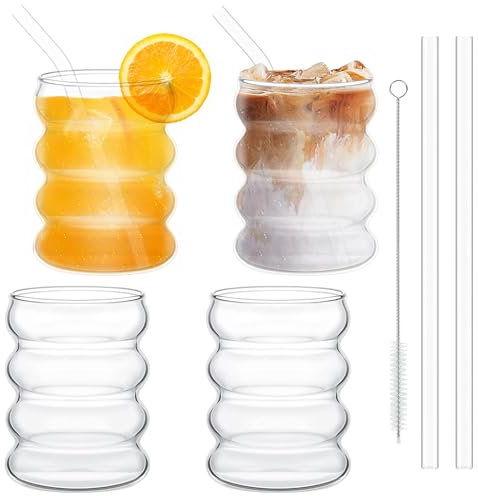Verres à Bulles 350ml Avec Paille,4 Verres à Boire Striés,Verres à Vagues,Verre a Eau Bulles Gobelets en Verre,Verres à Eau pour Latte Macchiato Café Glacé Whisky Cocktails Yoghourt Soda Café (B)