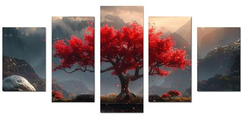 JOSUE Set 5 Quadri Albero Della Vita Da Parete Albero Rosso Della Vita Quadri Su Tela,Rosso Quadro Per Soggiorno Capezzale Camera Da Letto Ufficio-50x100cm Non incorniciato