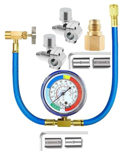 Oadnijuie Umfassendes Wartungsset R134A selbstdichtender Adapter und Schlauch, Kältemittel-Piercing-Ventile, Kältemittel-Füllschlauch, Kühlschrank-Nachfüllschlauch-Set