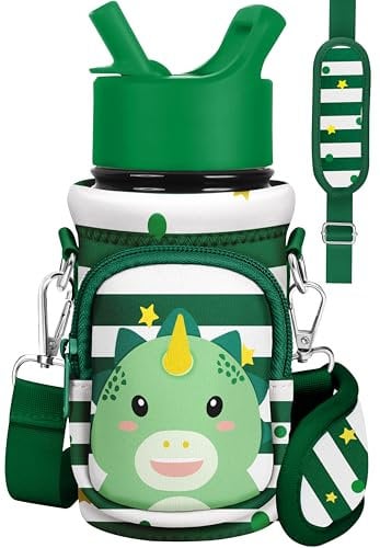 Miss Adola Neoprene Insulated Bottle Bag - Kids Dinosaur Water Bottle Carrier, Stainless Steel, 10-18 Oz, Green