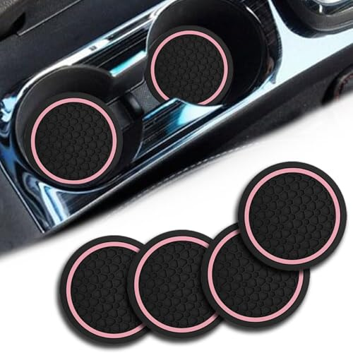 4PCS Car Cup Holder Coasters, Dustproof Automotive Interior Accessories Mat,2.75 Inch Non-Slip Insert Water Bottle Holder Pads, Universal for Vehicles, Trucks, RVs and More (Black/Pink) | recessed insert design, dust-catching surface, removable for cleaning, fits matching holders, car interior accessories