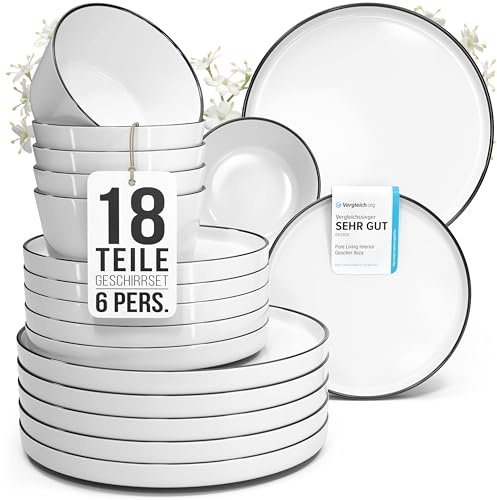 Porzellan Geschirrset 6 Personen Scandi 18 tlg. TESTSIEGER, Traumhaftes skandinavisches Porzellan Geschirr Set, Schüssel- und Teller Set, Tafelservice 6 Personen, Geschirrsets Pure Living in weiß
