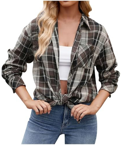 Veste Chemise a Carreaux pour Femme Chemise Décontracté Oversized Chemisier Blouse à Manches Longues Bûcheron Manteau avec Bouton Chemise à Carreaux en Flanelle Manches Longues Jacket Pas Cher