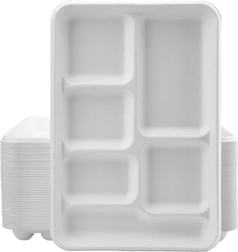 Lot de 25 assiettes jetables à 6 compartiments, 100 % compostables, respectueuses de l'environnement, jetables en canne à sucre naturelle, biodégradables et compostables, solides pour mariages, Noël