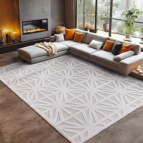 Carpetsale24 In- & Outdoor Teppich 200x290 cm – Wetterfester großer Teppich in Creme mit Rauten Design & 3D Hoch-Tief-Effekt – Für Terrasse, Balkon, Wohnzimmer & Schlafzimmer
