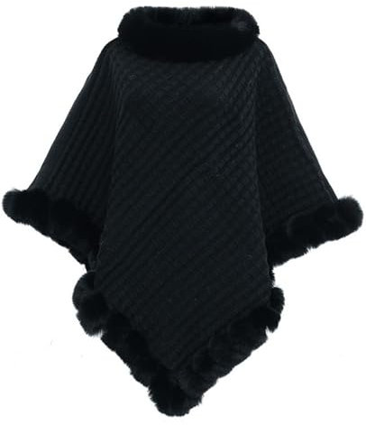 JFAN Ponchos Mujer Capas de Punto Invierno Cálido Elegante Chal con Cuello Redondo Capa de Piel Sintética Térmica para Otoño e Invierno Negro