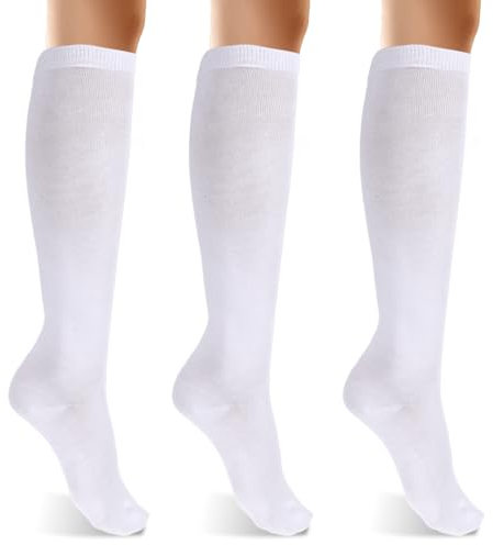 3 Paar Kniestrümpfe Lässige Cheerleader Kostüm Kniestrümpfe Feste Strickstrümpfe kniehohe Sportsocken für Damen, blickdichte Kniestrümpfe aus Baumwolle lange weiße Socken hohe Socken für Damen