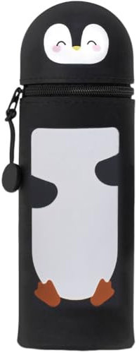 GDFJBG 2-in-1 Silikon Federmäppchen, Kawaii,Tischstifthalter Federtasche Tischstifthalter, Reißverschluss, Silikon, Stiftetasche Buntstifte Marker (Pinguin)