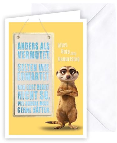 KE - Kreative Glückwunschkarte zum Geburtstag - Folienveredelung - Weißer Umschlag - Holzteil an Juteband - Geburtstagskarte mit Accessoire - Motiv: Erdmännchen mit frechem Spruch