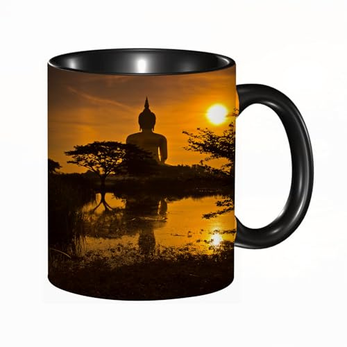 HRRASFAZF Tasse Kaffeetassen,Große 330ml Mit Henkel 100% Handbemalt kaffeebecher porzellan,Große Buddha-Statue im Sonnenuntergang Thailand,Frauen,Jahrestag,Muttertag