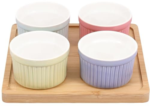 ZHOUXYFDC Porcelain White Ramekin Set 4Pcs Ceramic Ramekins with Tray 4 oz Oven Small Baking Bowls Set Stackable Creme Brulee Baking Cups for Custard