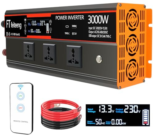 3000W convertisseur 12v 220v, onduleur avec 2 Prises, écran AC, écran LCD, télécommande sans Fil, transformateur 12v 220v Ports de Charge USB, Voiture, Camping-Car