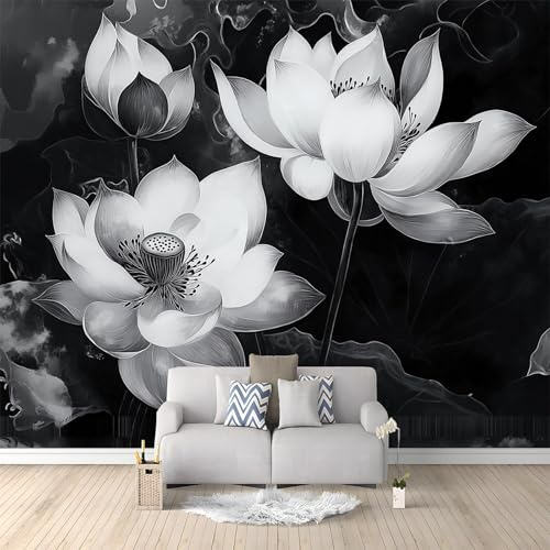 Fototapete Blumen Lotus Kunst Schwarz Weiß 400 X 280 Cm(Wxh) Vliestapete & Wanddeko-Ideen Für Wohnzimmer,Schlafzimmer,Küche & Badezimmer | Premium Wandtapete Für Möbel & Schrankverkleidung