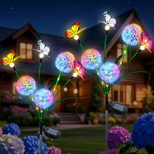 Qoosea Lampe Solaire Exterieur, 2 Pièces LED Pissenlit Papillon Lumieres Solaire Exterieur Jardin, IP65 Imperméable Lumiere LED pour Chemins Décoration de Jardin Patio Mariage Noël Pelouse Terrasse