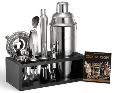 VEVOR Juego de Coctelera Acero Inoxidable con Soporte de Bambú, para Barman de Martini, Cuchara Mezcladora, Mortero, Medidor, Colador, Vertedor de Licor, Pinza para Hielo, Sacacorchos, Plata