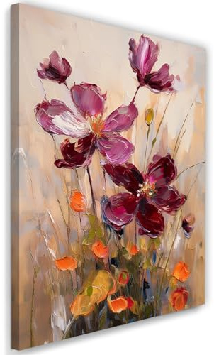 Feeby Leinwand Bilder - Bild Wohnzimmer - Blumen Wiese Natur Burgunderrot - 60x90 1tlg - Deko Schlafzimmer Groß - Dekoration Canvas - Gemälde - Modern Wandbilder - Kunstdruck
