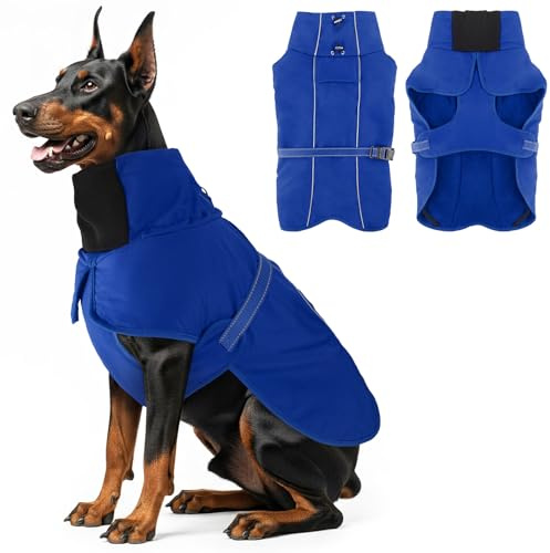 Dog Coats Waterproof, Dog Coat Winter Reflective Jacket with Soft Fleece Lining, Warm Coats Jackets for Medium Large Dogs Indoor Outdoor Camping Walking(Blue-L)