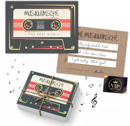 Eummel 100 Musikwunschkarten Retro inkl. VIP Karten | Hochzeit Musikwunsch | Dj Karten Geburtstag Boho Musikwünsche Musikkarten Partykarten