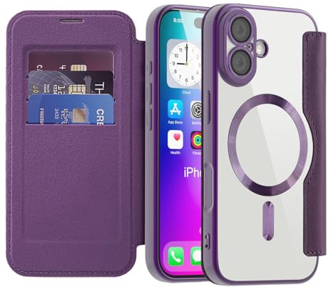 SIYOPINPFY Wallet Case for iPhone 17 with Card Holder, Purple JD | [Compatible with MagSafe] [RFID Blocking] Premium Flip Leather Card Slots Holder , Magnetic Clear Back Shockproof Phone Case