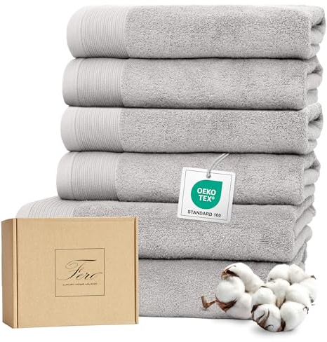 Ferò Luxus Handtücher Set, 6-teilig, 100% Baumwolle Low Twist 550 g/m²,Ultra Weich und Saugstark,Oeko-TEX,Italienisches Design,Bath Towels,4 Handtücher 50x100cm,2 Badetuch 70x140cm, Hellgrau