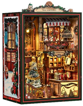 DIY Weihnachten Buch Nook Kit 3D Holz Buchständer DIY Puppenhaus Holz Buchstützen Gebäude mit LED-Licht Modell Puzzle Spielzeug für Erwachsene Bauen Kreative Geburtstagsgeschenke