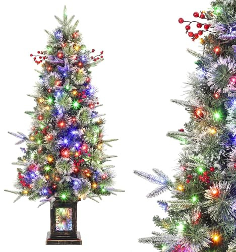 120 cm Künstlicher Weihnachtsbaum mit Lichtern, Künstlicher Weihnachtsbaum mit 150 Warmweißen und Mehrfarbigen LED-Lichtern, 9 Modi, PVC-Zweigspitzen, leuchtender Vintage-Blumentopf, 1PCS