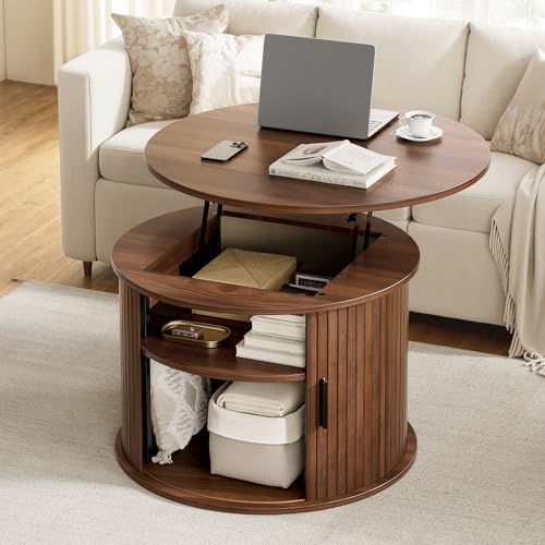 Mossora Walnut Round Lift Top Fluted Coffee Table with Storage, 68*68*50cm