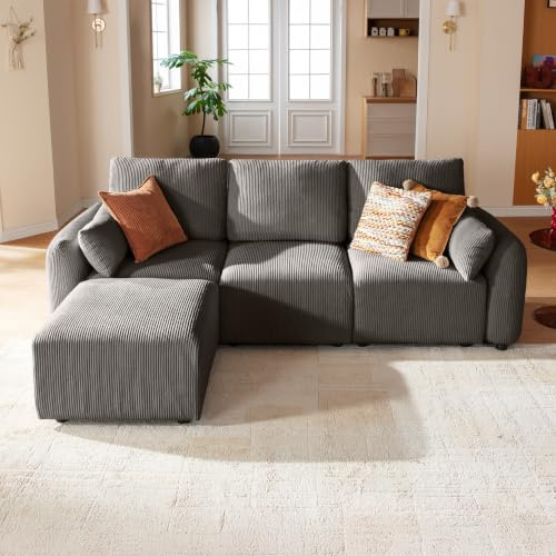 JINOVIA Modulares Ecksofa 254cm, modernes Cord-Schlafsofa in L-Form mit Hocker, individuell konfigurierbare Wohnlandschaft, hochdichter Memory-Schaum, abnehmbare & waschbare Kissenbezüge, Grau