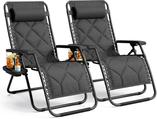 KEPLIN Set of 2 XXL Premium Heavy Duty Padded Diamond Zero Gravity Chairs - Luxurious Garden Recliners, Adjustable Headrest, Cup & Phone Holder, Foldable, Patio Sun Loungers - 150kg Weight Capacity