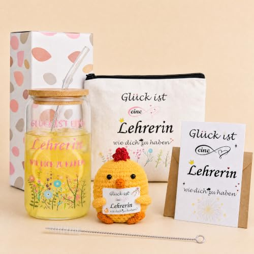 Seutgjie Danke Lehrerin Geschenk Abschiedsgeschenk Lehrerin Grundschule | Danke Abschied Lehrerin Kindergarten Tasse Geschenkset mit Kosmetiktasche Gestricktes Küken und Grußkarten