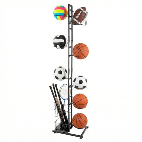 EVERGOODS 7 Tier Ball Storage Rack 156cm Height, Vertical Basketball Rack Ball Holder Freestanding Vertical Basketball & Sports Organizer with 7 Removable Hanging Rods and 2 Baskets & Hooks Room Outdo