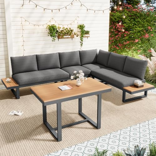 YSMerax Garten-Essgruppe, Gartenmöbel-Set, Eckstellung, mit Verstellbarer Neigefunktion, verzinktes Stahlrohr, Tischplatte Kunststoff-Holz, mit Esstisch