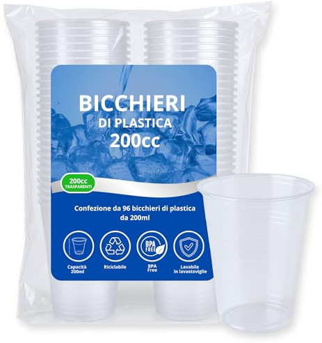 Bicchieri Plastica Trasparenti Monouso (200 ml) | 96 Pezzi Usa e Getta o Riutilizzabili fino a 50 Lavaggi | Lavastoviglie | Senza BPA | Impilabili | Acqua Cocktail Birra Feste Buffet Ufficio Catering