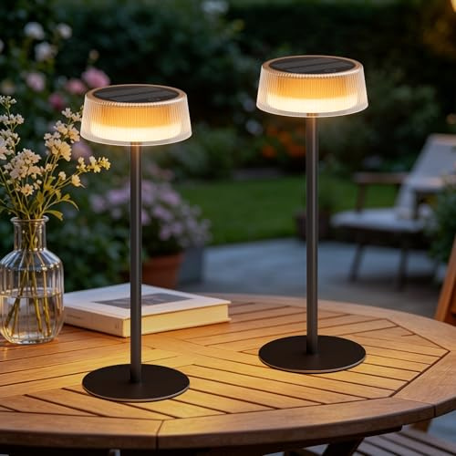 KuflooQ 2 Stück Led Solar Tischleuchte Kabellos Outdoor mit USB Aufladbar | IP65 Wasserdicht Touch Dimmbar Akku Tischlampe für Garten,Terrasse,Camping und Outdoor Dining