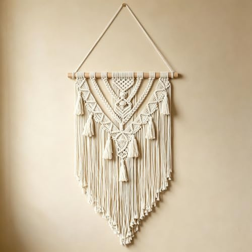Makramee Wandbehang aus Baumwolle mit Quasten, Handgefertigt, 70x40cm | Makramee Wandteppich, Boho Wanddeko, Boho Wandbehang, Deko Gewebt Tapisserie Wandteppich für Schlafzimmer Wohnzimmer Balkon