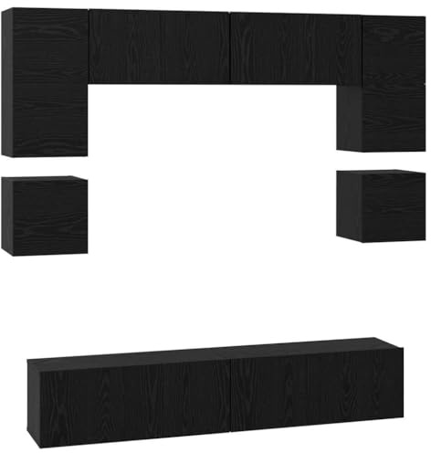QJBSAVVA TV-Schrankset 8-teilig, Wohnwand Hängend in Schwarz Eichen-Optik, Modernes Lowboard Holzwerkstoff für Wohnzimmer, Wandmontiertes Mediamöbel Set mit Scharniertüren und Regalen