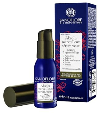 Sanoflore Absolu Merveilleux Sérum Yeux – Sérum Contour Des Yeux Anti-Rides Certifié Bio – Au Pélargonium Bio – Aux peptides de lin Bio – À la Caféine naturelle – 15ml