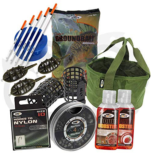 NGT Carp Match Fishing Ground Bait Tackle Set With Glugs Hooks Feeders Floats Groundbait And More