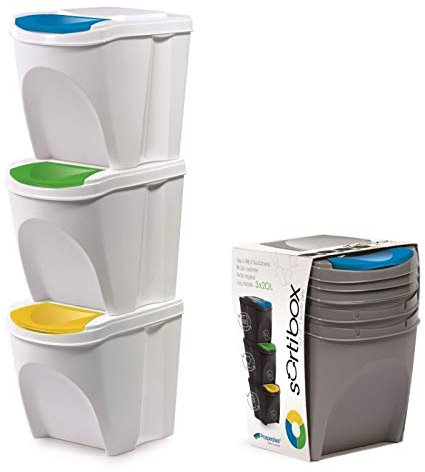 KrysGo 20 Litre Large Stackable Recycling Sorting Colour Coded Plastic Bins with Hinged Lids (White, Set of 3)