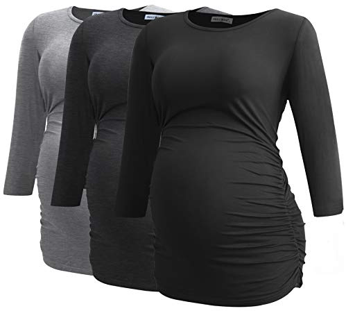 Smallshow Haut de Maternité pour Femmes Lot de 3 Vêtements de Grossesse à Manches froncées 3/4,Black/Deep Grey/Light Grey,S