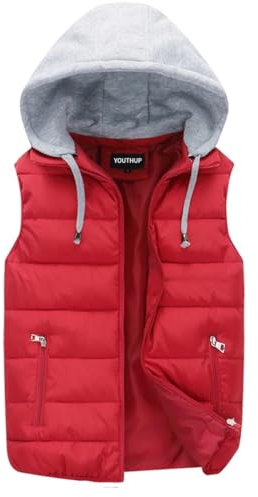 YOUTHUP Men's Outwear Gilets Winter Padded Gilet with Hood Thick Puffer Quilted Body Warmer Sleeveless Jacket Red, XL